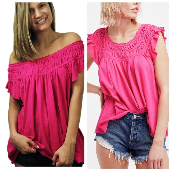 Free People Ruffle Gathered Top On/Off Shoulder - Picture 1 of 5